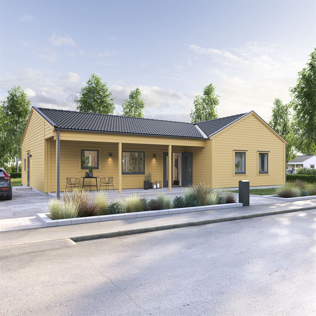 Gult Villa Kobbskär exteriör i modern stil med veranda